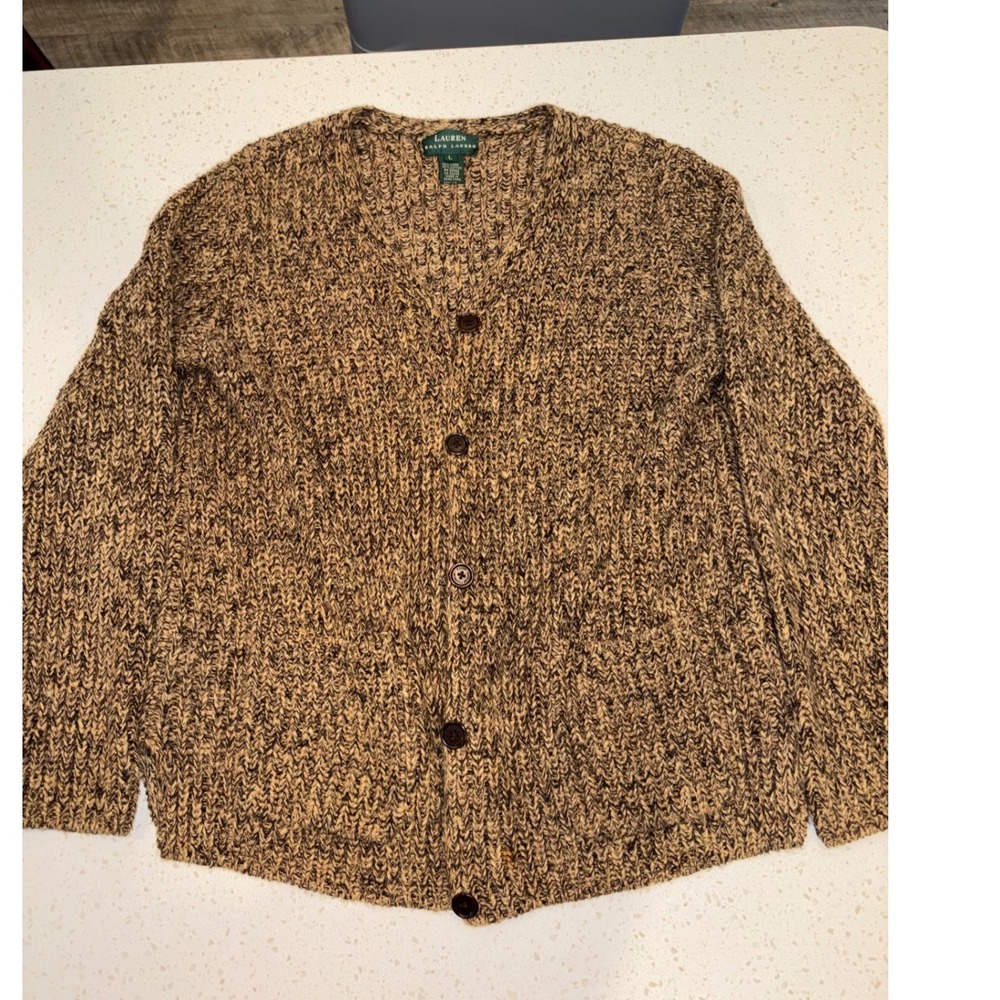 Lauren Ralph Lauren Heavy Knit Linen Cotton Cardigan Sweater Brown Black Large